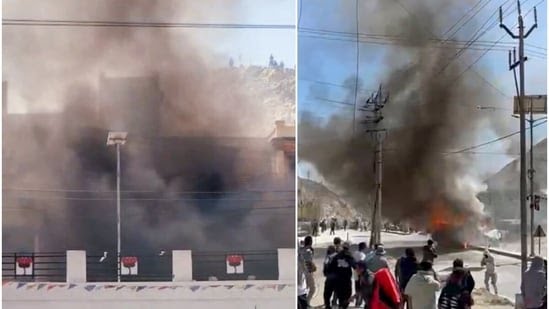 Ladakh protest: Visuals show protesters clash with police, BJP office torched